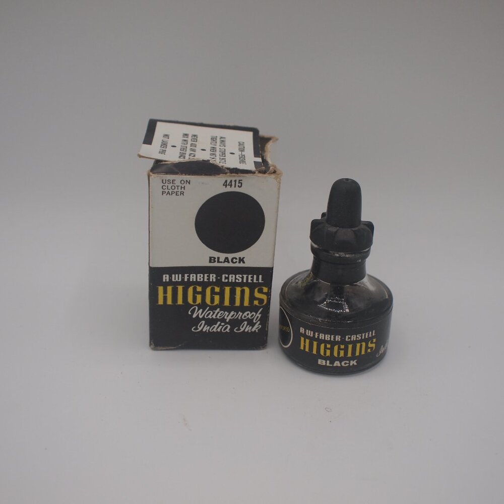 Vintage Higgins India Black Ink Glass Bottle No. 4415 Waterproof In Box